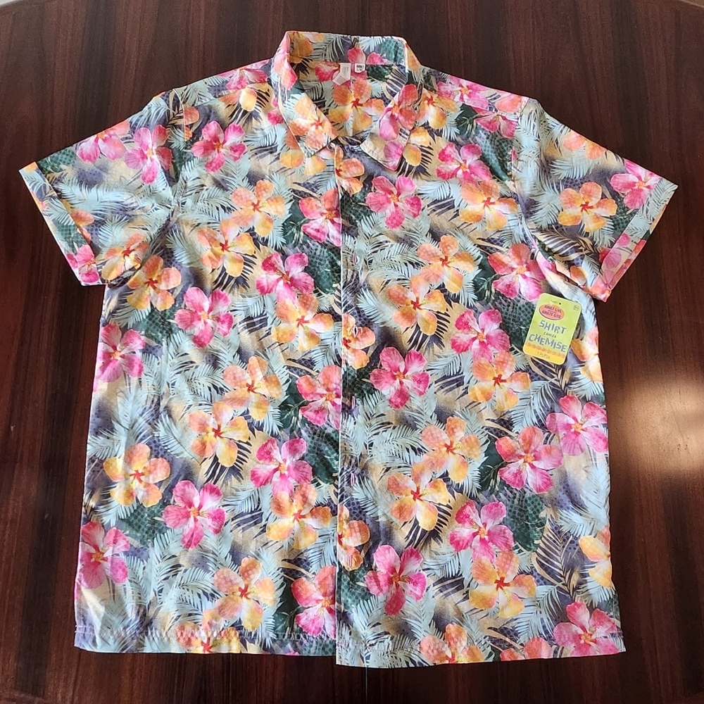 NWT Amscan Button Up Shirt Men's L/XL Short Sleeve Floral Hawaiian Polyester